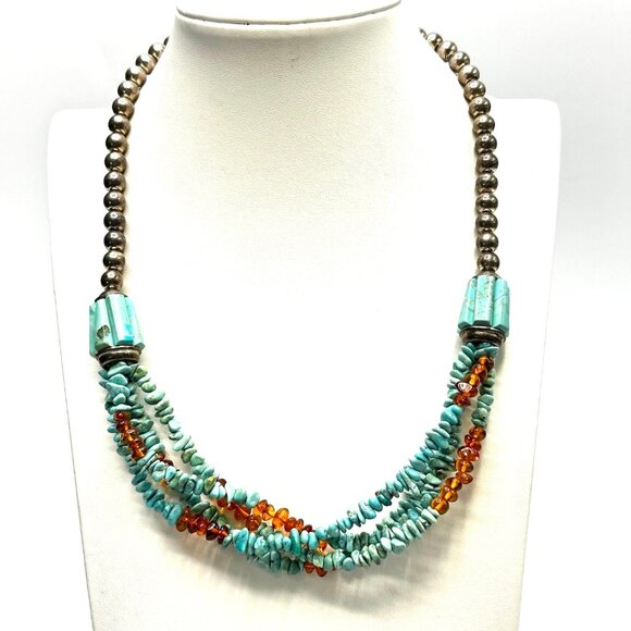 Vintage Navajo Four-Strand Turquoise and Amber Necklace w/Fluted Barrel Beads - Picture 11 of 14